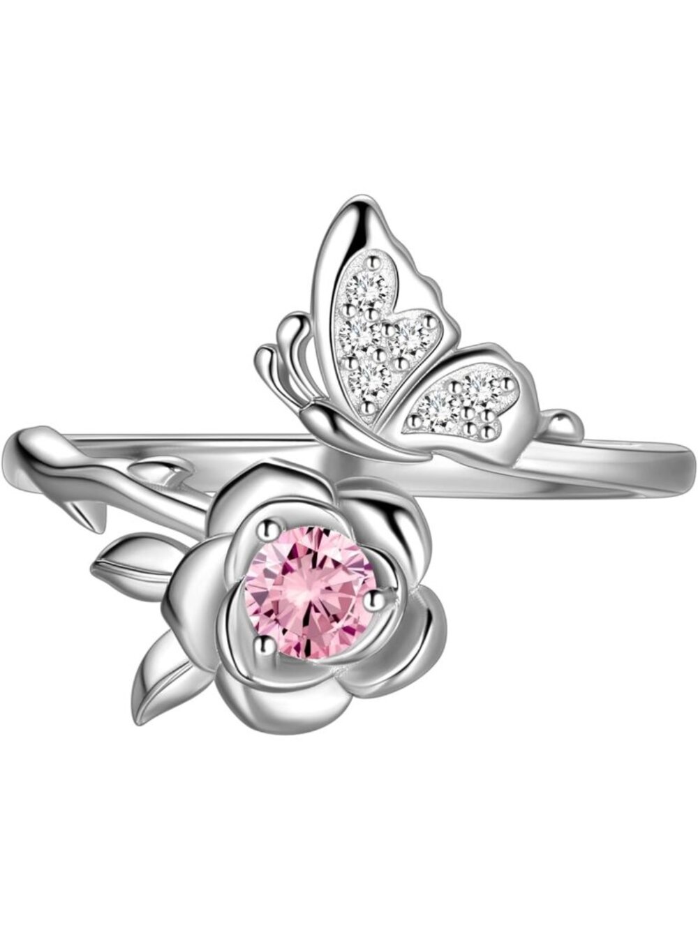 Elegant Butterfly Rose Birthstone Ring in 925 Sterling Silver - Perfect Gift for